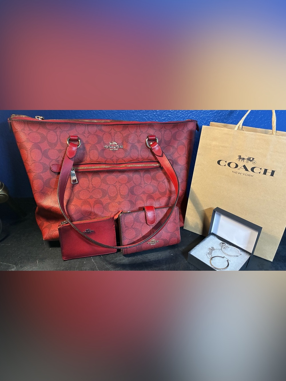 Coach Red Signature Tote with Matching Wallet Set